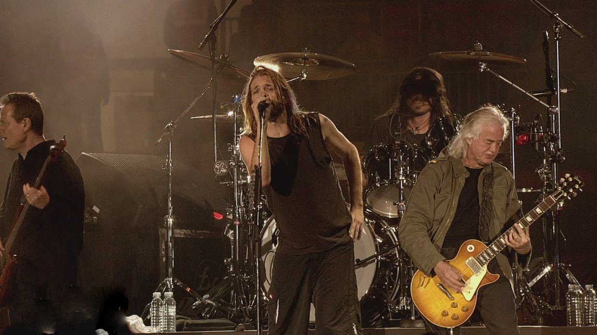 John Paul Jones and Jimmy Page onstage with Foo Fighters at Wembley in 2008