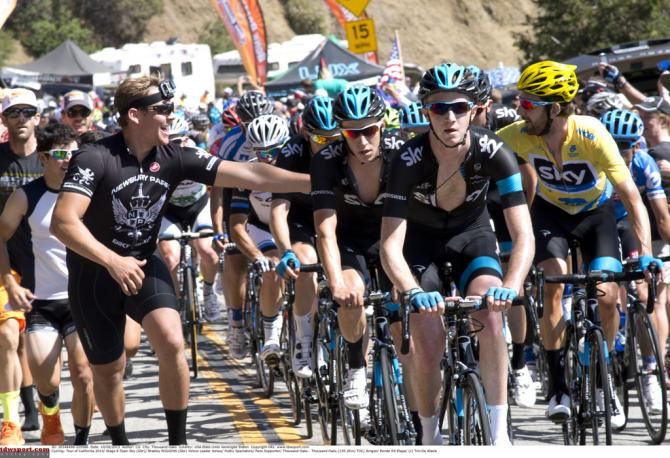 Bradley Wiggins (Team Sky) reaches out to a fan