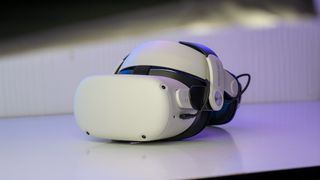A Meta Quest 2 headset with the Bobo VR M2 head strap attached