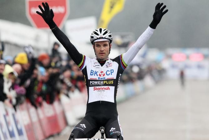 Niels Albert celebrates his victory in Oostmalle, securing overall success in the Bpost Bank Trofee