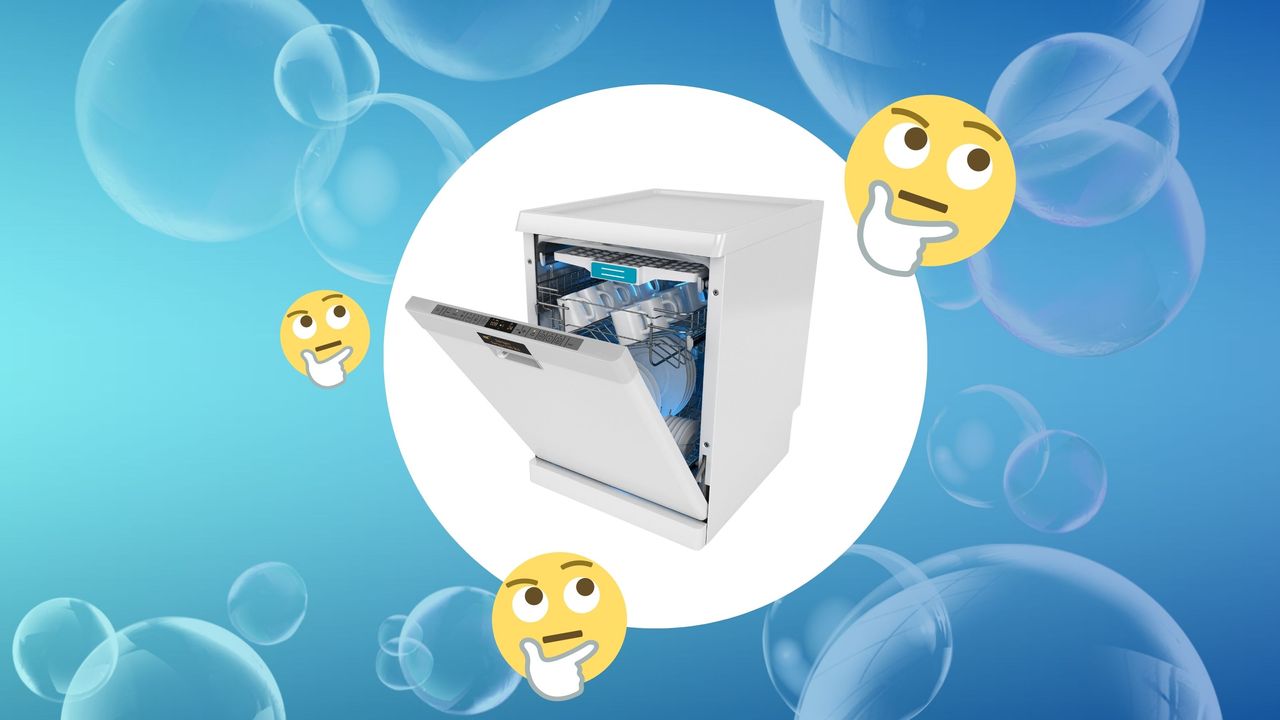 A dishwasher with a blue bubble background with thinking emojis around it