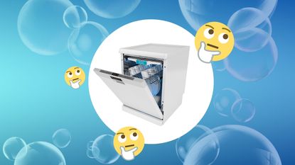 A dishwasher with a blue bubble background with thinking emojis around it
