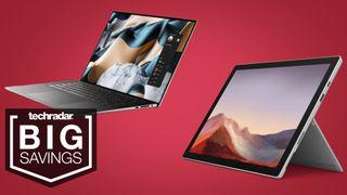 Dell XPS 15 and Surface Pro 7 on red background