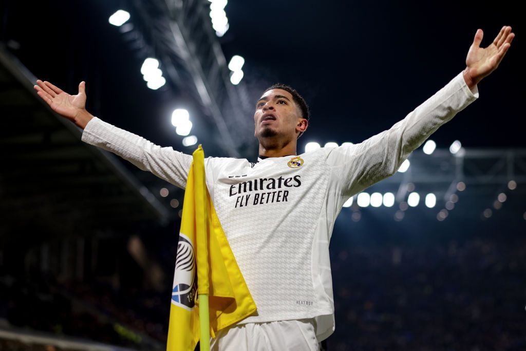 Jude Bellingham of Real Madrid celebrates after scoring to give the side a 3-1 lead during the UEFA Champions League 2024/25 League Phase MD6 match between Atalanta BC and Real Madrid C.F. at Stadio di Bergamo on December 10, 2024 in Bergamo, Italy.