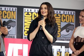 Rachel Weisz speaking at the 2019 San Diego Comic Con International, for &quot;Black Widow&quot;, at the San Diego Convention Center in San Diego, California.