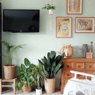 living room with potted plants wall painting and chair