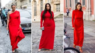 A composite of three street style influencers wearing Christmas party outfits - a red dress