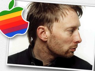 Thom loves the old Apple logo - he's got a sticker on his Tele