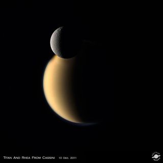 Adam Hurcewicz created this image of Titan and Rhea from a raw Cassini image taken on Dec. 10, 2011.