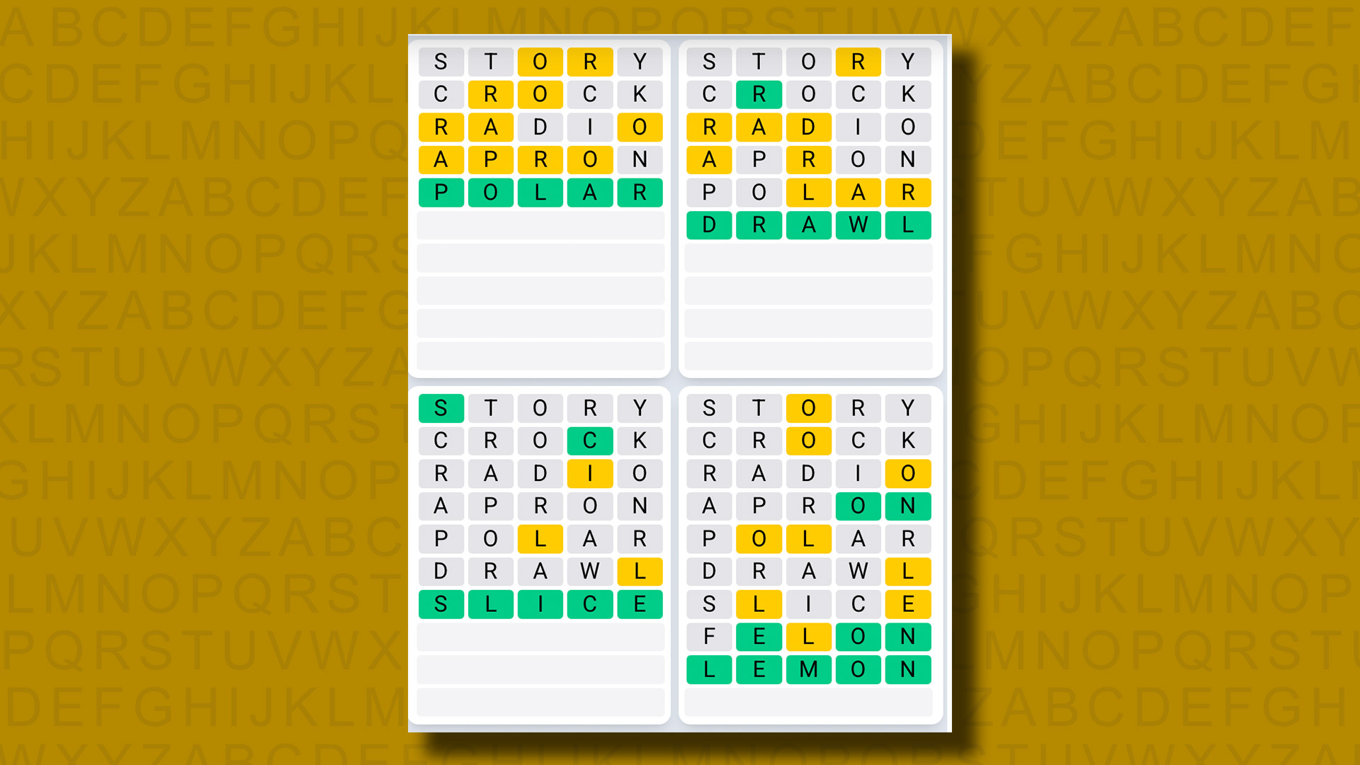 Quordle Daily Sequence answers for game 1138 on a yellow background