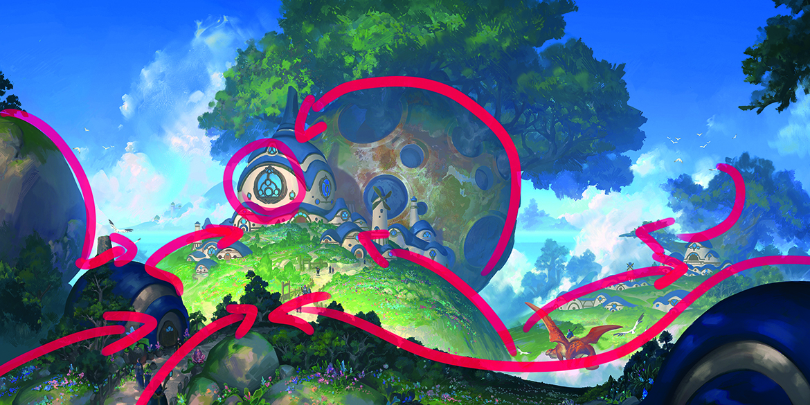 A digital painting of a dwelling in a green landscape from a Photoshop tutorial