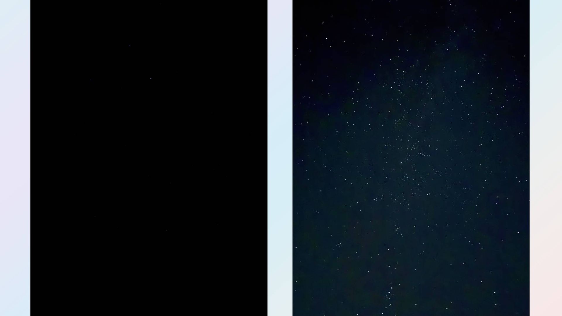 Before and after iPhone astrophotography: a sharp, detailed night sky captured using a short timer and raw photo mode.