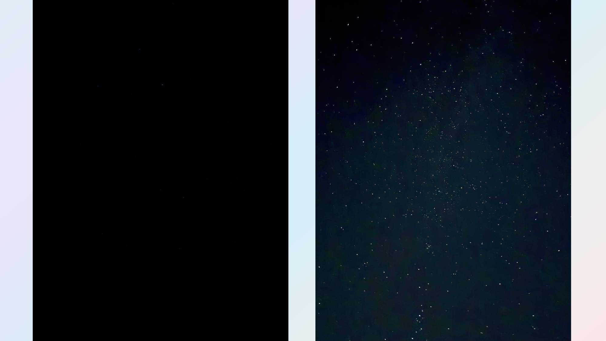Before and after iPhone astrophotography: a sharp, detailed night sky captured using a short timer and raw photo mode.