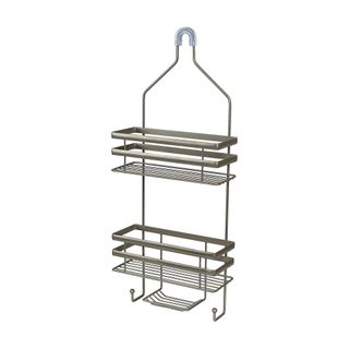 A metal hanging shower caddy with two shelves, two hooks and soap holder