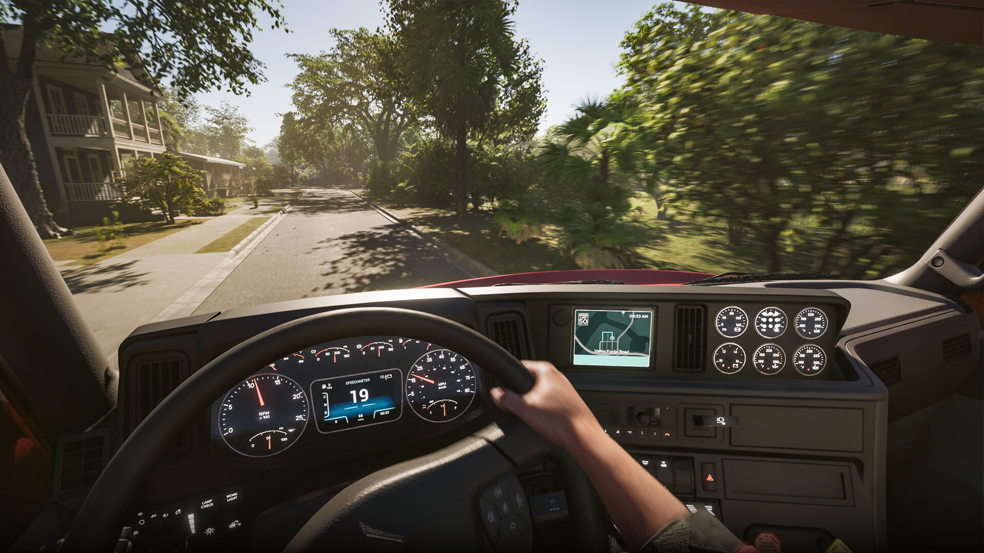In Road Kings, a driver steers truck from a first-person perspective
