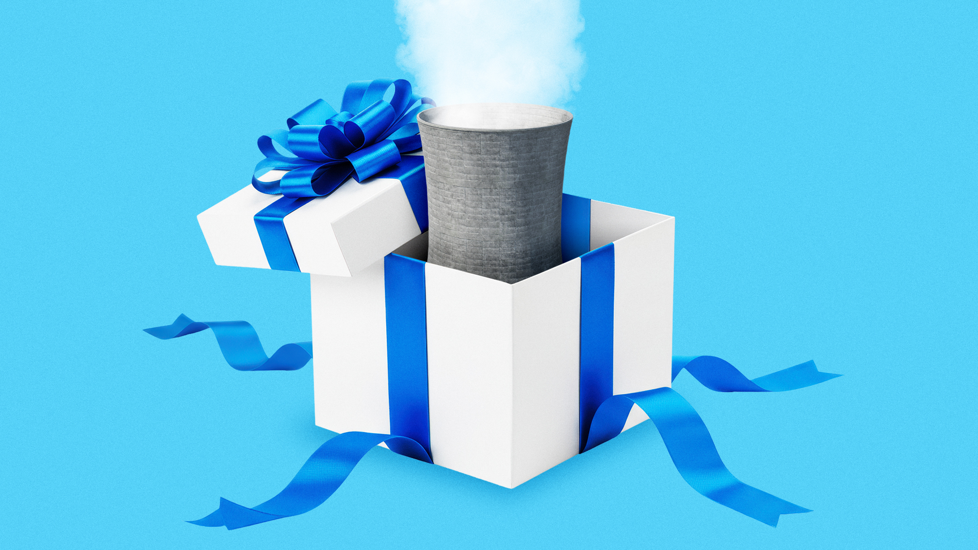 Illustration of a gift box unwrapped to reveal a nuclear cooling tower