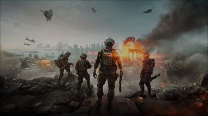 Battlefield 6 key art showing four soldiers looking across scenes of all-out warfare