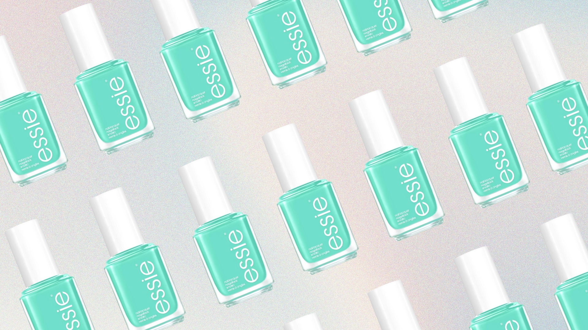 A collage of essie&#039;s Riviera Rush nail polish (which is a bright turquoise colour) repeated in a consecutive pattern, in a diagonal lines across a pink, blue and yellow gradient background