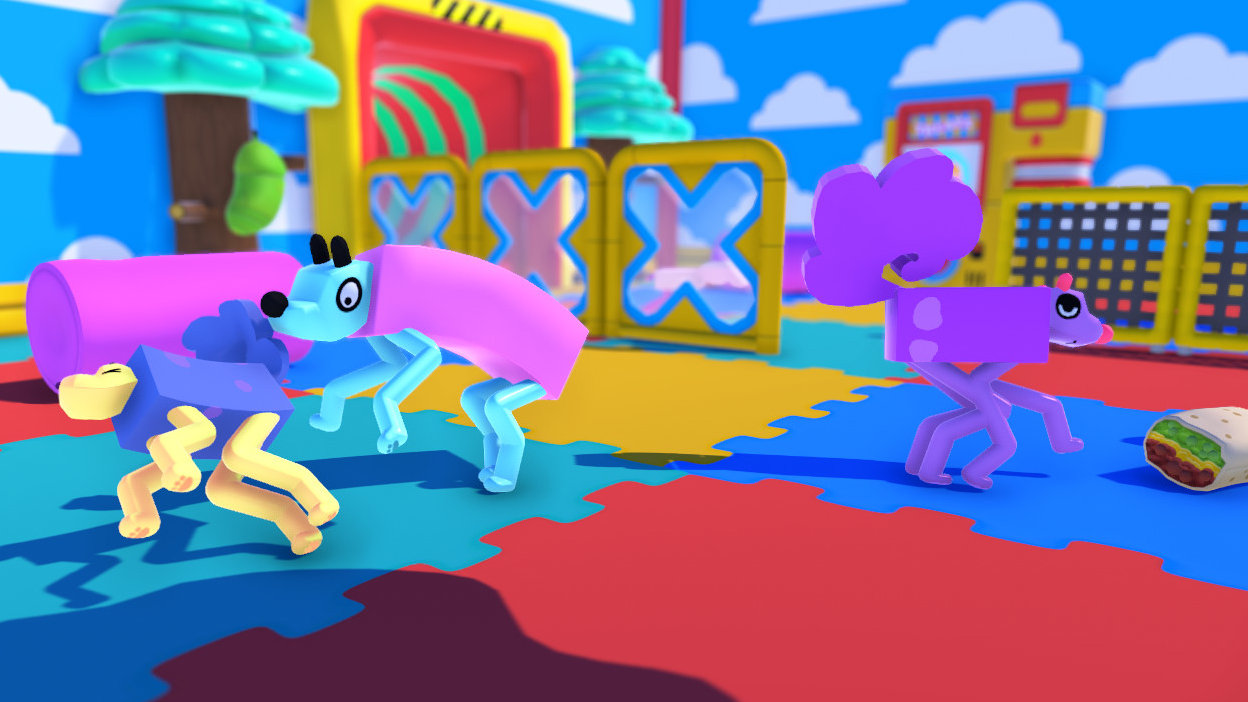 A trio of bendy, blocky dogs in a colourful playpen.