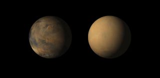 These side-by-side images of Mars show how the planet appeared in May 2018 (left) and in July 2018 after the planet's surface was completely covered by a massive dust storm. NASA used images from the Mars Reconnaissance Orbiter to create these views.