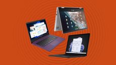 A HP laptop, Microsoft Surface laptop and Asus Chromebook on an orange background
