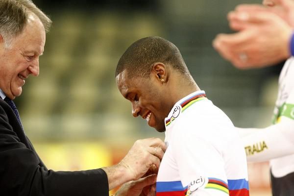 Gregory Bauge (France) enjoyed the moment as he received his gold medal.