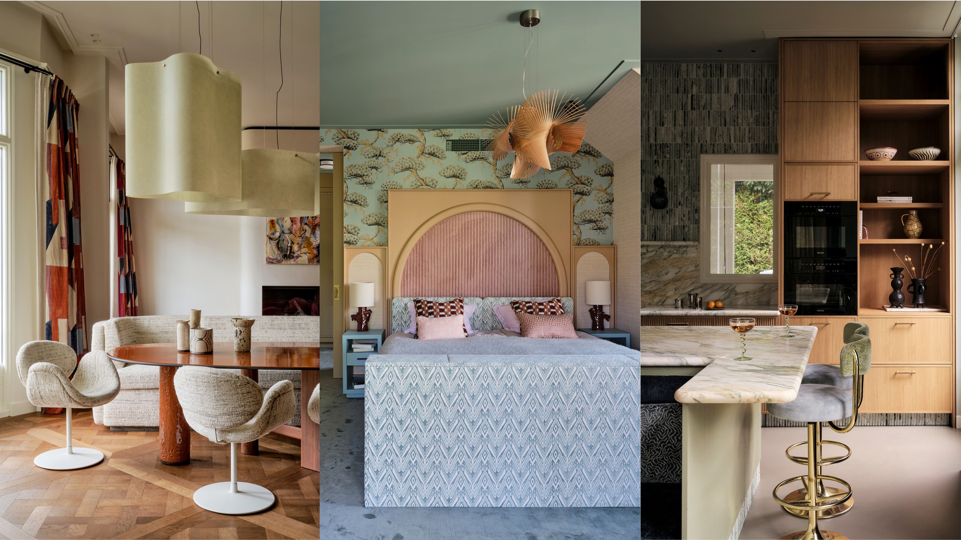 Compilation of images of modern interiors including a dining room, bedroom and kitchen