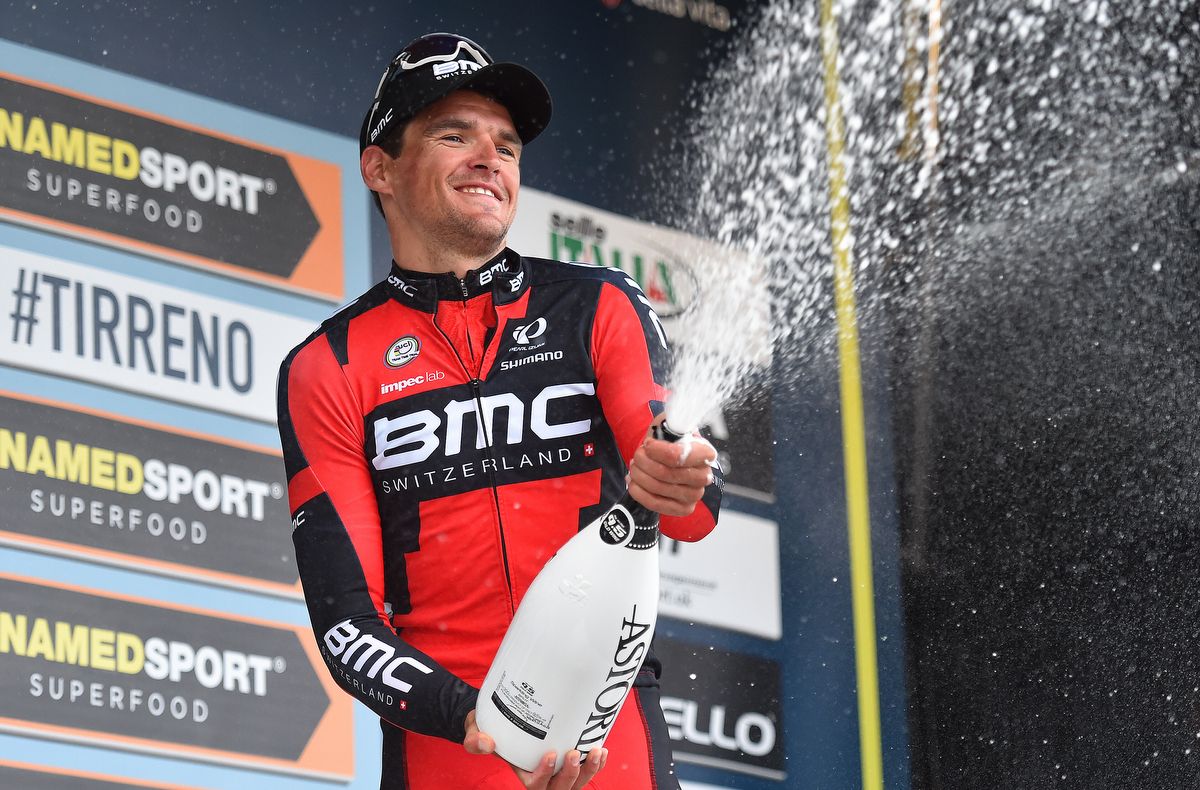Stage winner Greg Van Avermaet enjoys spraying the Astoria Prosecco