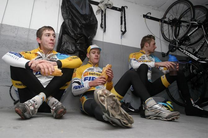 Telenet-Fidea's Wout Van Aert, Daan Soete and Corne Van Kessel fuel up after some training time on the roads of Mallorca