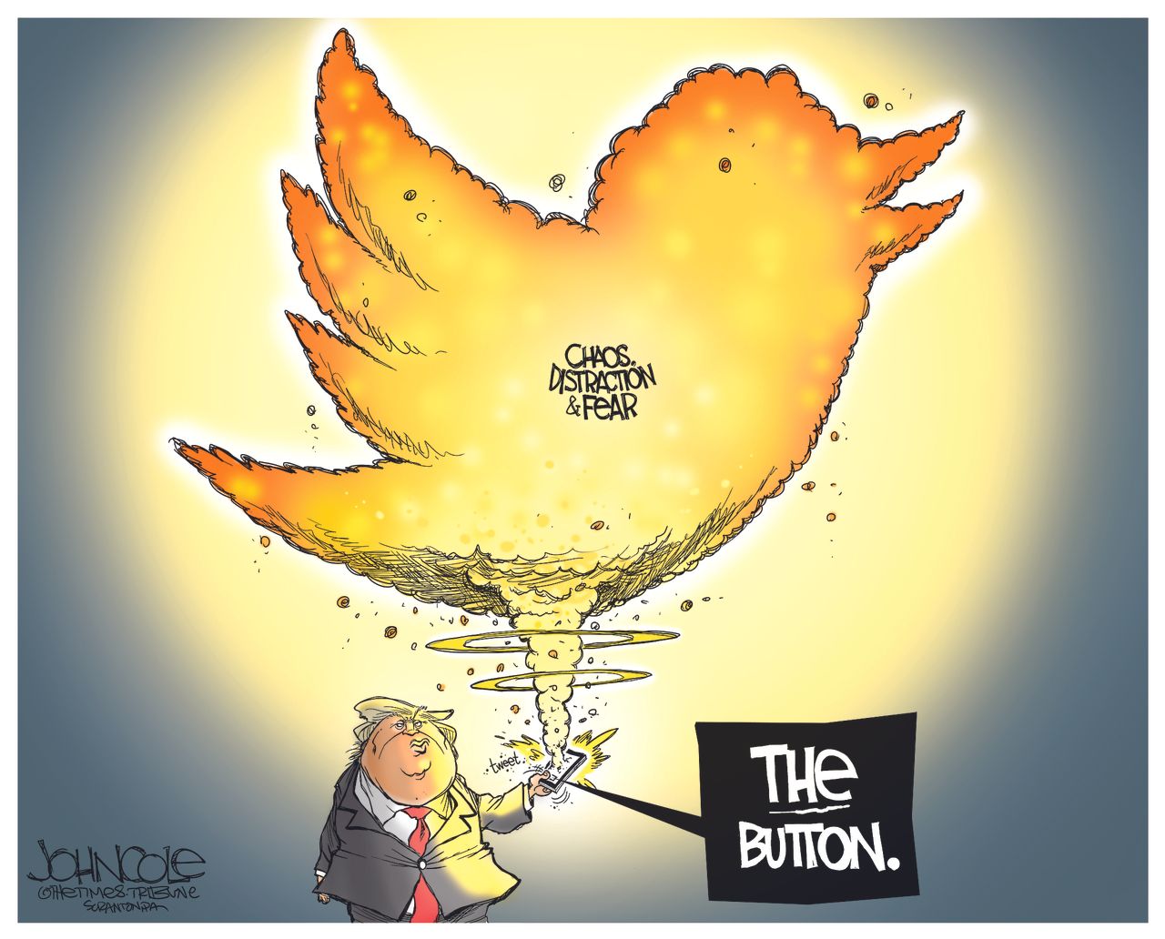 Political cartoon U.S. Trump tweets bigger button North Korea nuclear weapons