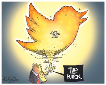 Political cartoon U.S. Trump tweets bigger button North Korea nuclear weapons