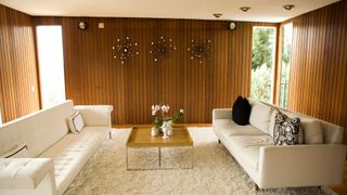 A room covered in wood panelling