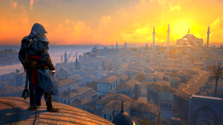 Assassin looking out on a cityscape