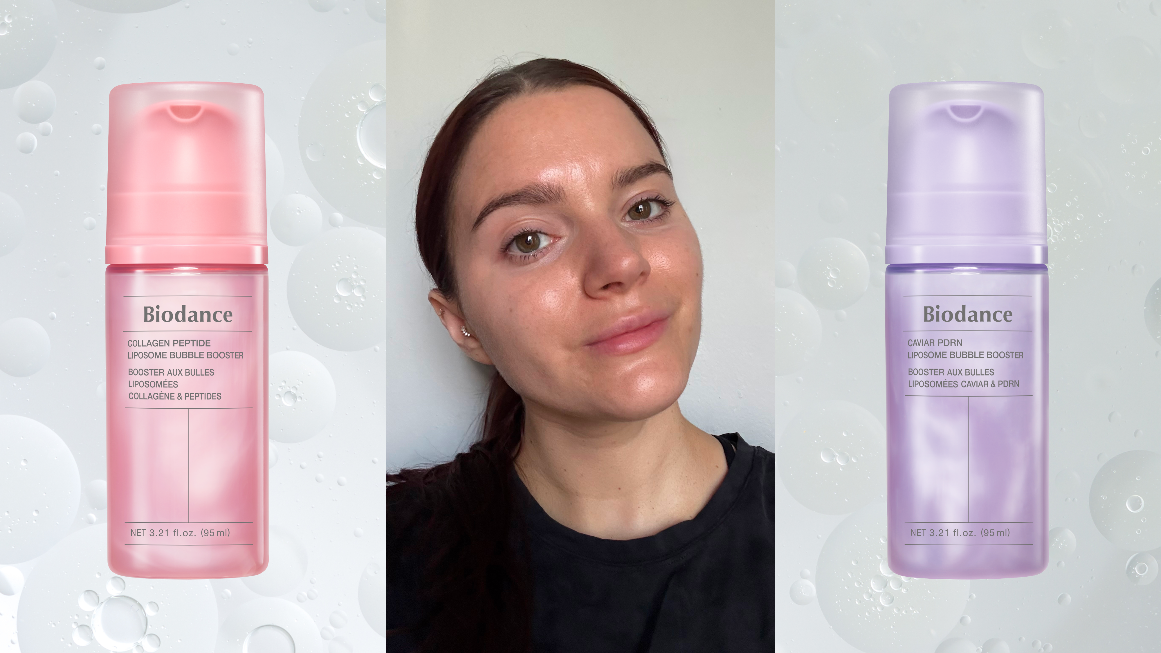split image of brooke knappenberger selfie with bottles of biodance liposome bubble boosters on grey gradient bubble background 