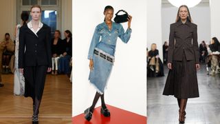 a collage of three models from Stine Goya, Ganni, and Remain wearing pieces from fall 2024 to illustrate a guide to Copenhagen Fashion Week trends