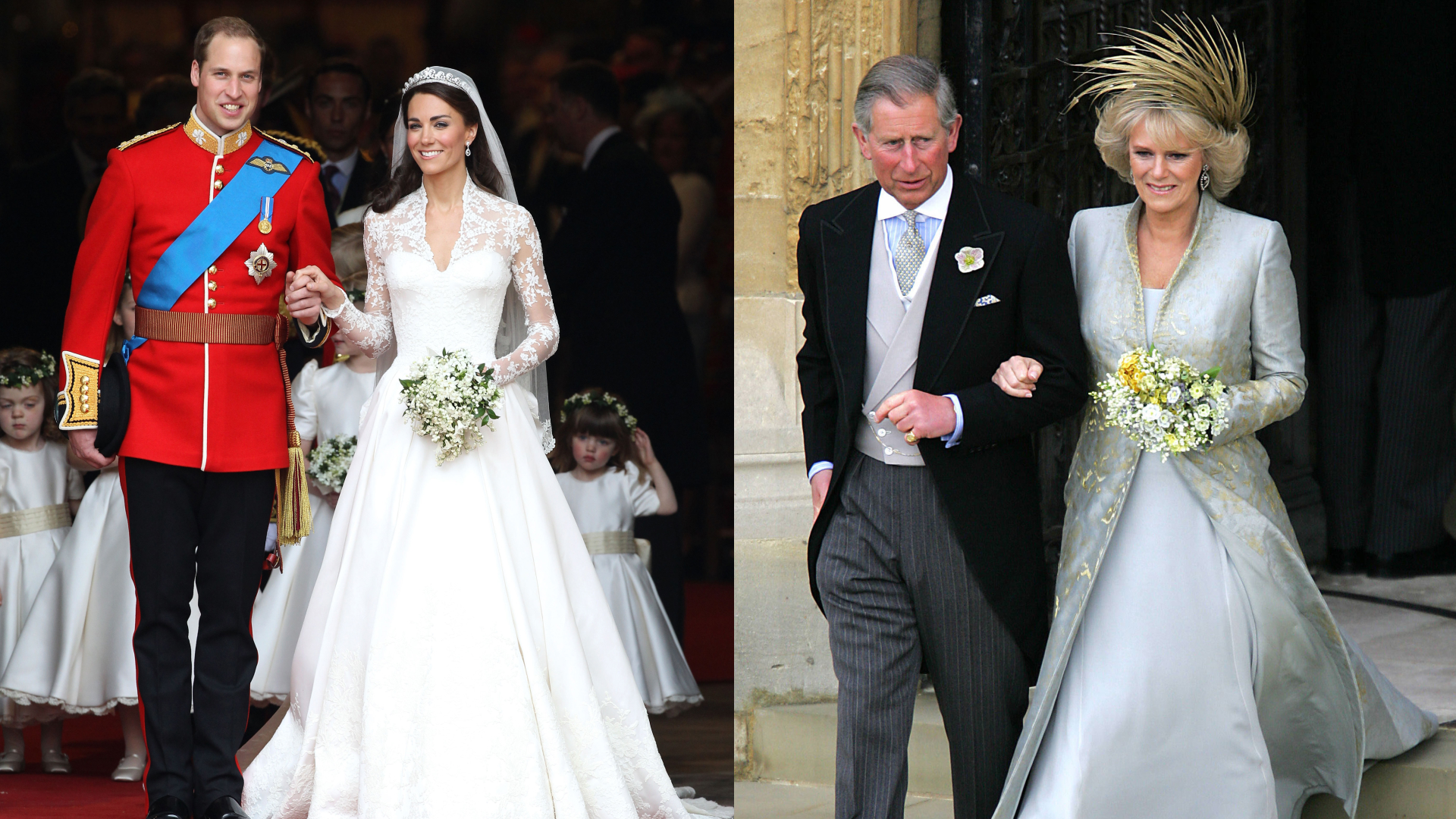 Prince William and Kate Middleton on their wedding day; Prince Charles and Camilla Parker Bowles on their wedding day