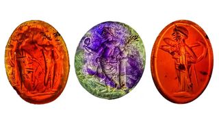 A trio of gemstones found at a Roman bathhouse. 