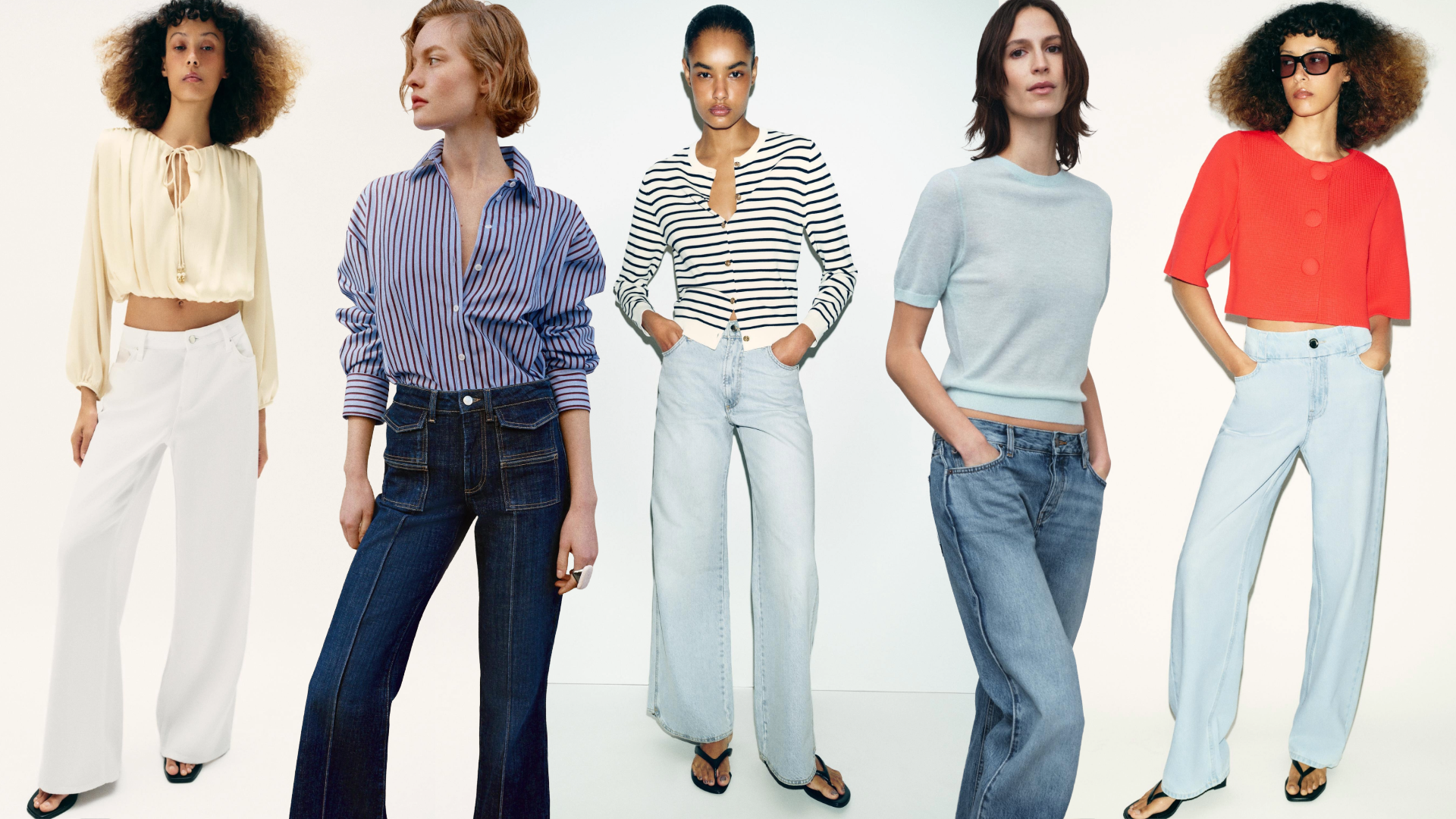 Collage of zara models wearing spring tops with jeans 
