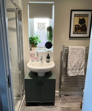 En suite small bathroom showing white sink and sage green fluted panel under sink storage and gray fluffy towel on chrome towel rail. There are trailing plants in the window and a cat sipping coffee poster that reads More Espresso, Less Depresso