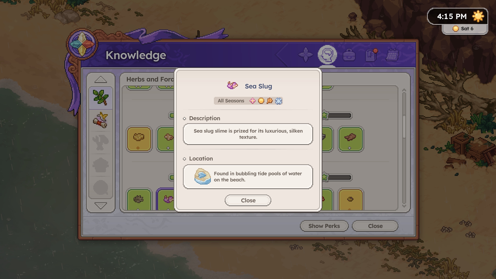 The knowledge menu in Witchbrook