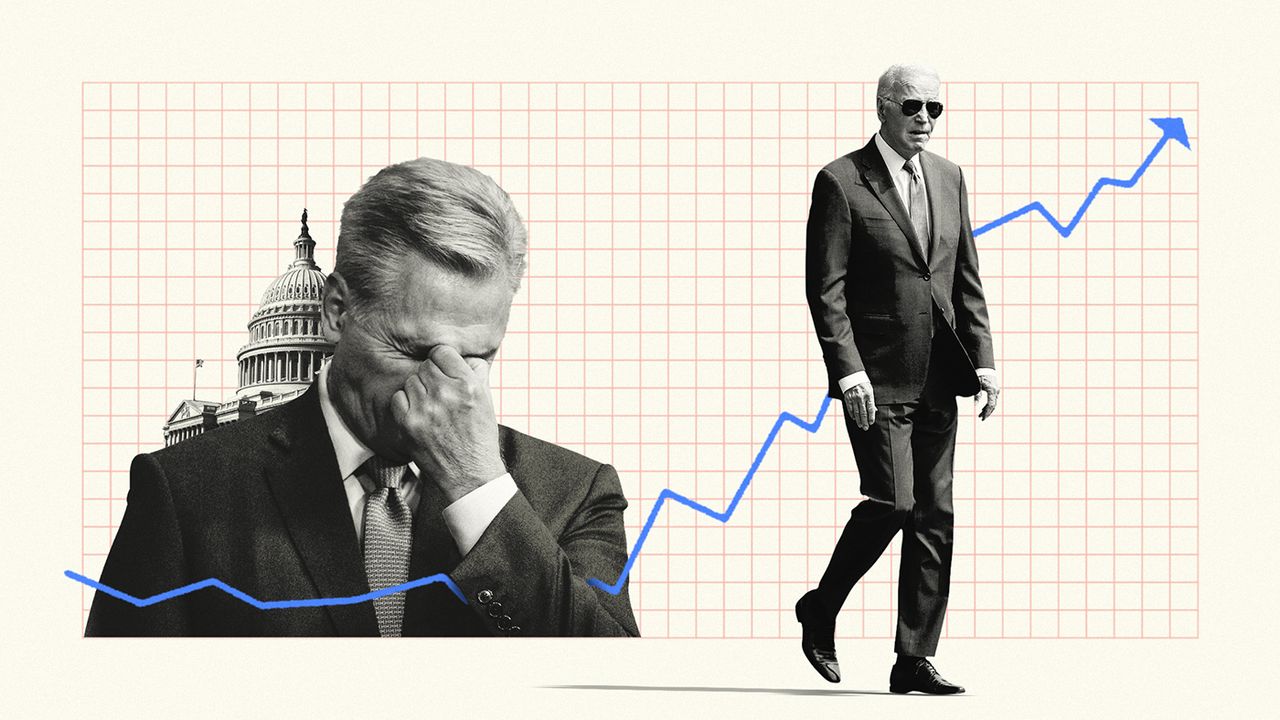 Joe Biden, Kevin McCarthy alongside an approval ratings graph