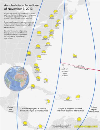 Cartographer Michael Zeiler of Eclipse-Maps.com created this map depicting the partial solar eclipse views along the North American East Coast during the Nov. 3, 2013 hybrid solar eclipse.