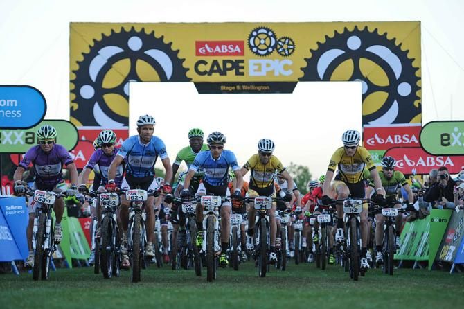 The lead bunch start stage 5 of the Cape Epic