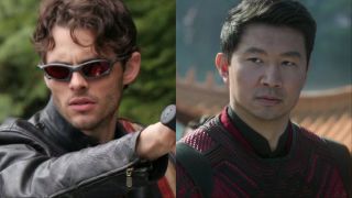 James Marsden as Cyclops on motorcycle and Simu Liu as Shang-Chi