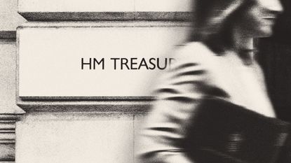 Illustration of Rachel Reeves walking ast the HM Treasury sign in Whitehall, London