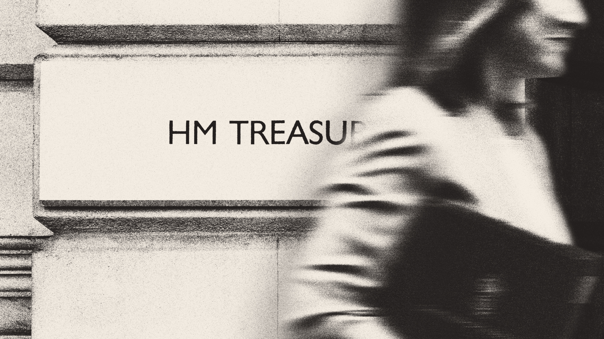 Illustration of Rachel Reeves walking past the HM Treasury sign in Whitehall, London