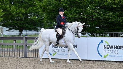 Noor Al Noufous and Jade Bermingham canter from the arens as 2026 royal Windsor Arab under saddle champions