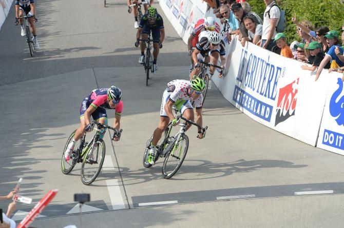 Peter Sagan leads into the final corner, but not for long