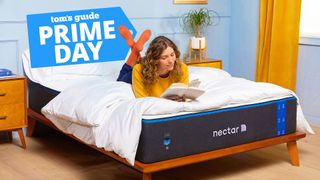 Woman lying on Nectar mattress with Prime Deal graphic overlaid