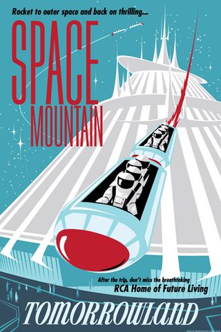 Illustrator Greg Maletic was inspired by the distinctive styles of the '50s and '70s for this Space Mountain poster design